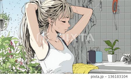 朝支度：洗面所で髪をまとめている若い女性