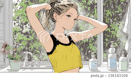 朝支度：洗面所で髪をまとめている若い女性