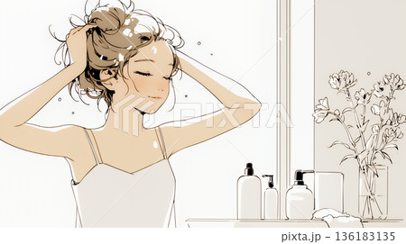 朝支度：洗面所で髪をまとめている若い女性（シンプルな色使い）