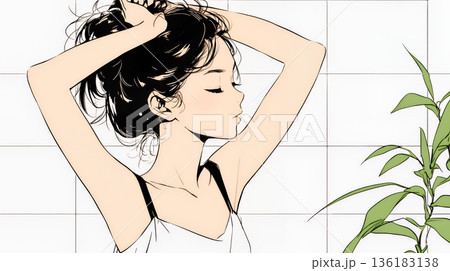 朝支度：洗面所で髪をまとめている若い女性（シンプルな色使い）