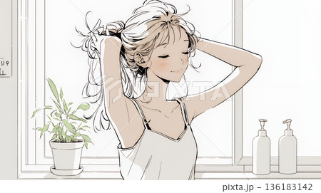 朝支度：洗面所で髪をまとめている若い女性（シンプルな色使い）