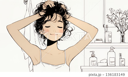 朝支度：洗面所で髪をまとめている若い女性（シンプルな色使い）