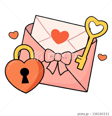 Love letter envelope with heart lock, golden key, pink bow, and small hearts, romantic mood 136183151