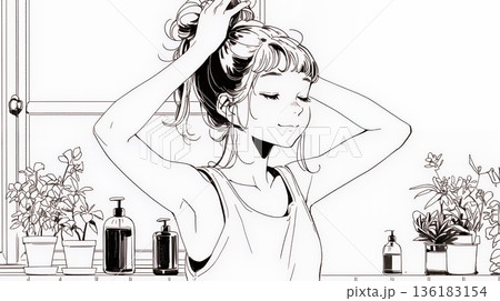 朝支度：洗面所で髪をまとめている若い女性（シンプルな色使い）