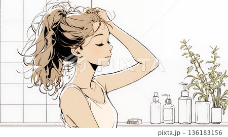朝支度：洗面所で髪をまとめている若い女性（シンプルな色使い）