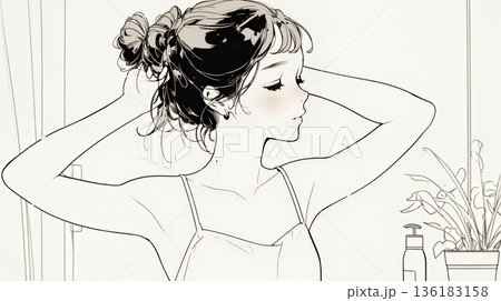 朝支度：洗面所で髪をまとめている若い女性（シンプルな色使い）