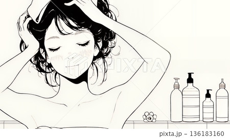 朝支度：洗面所で髪をまとめている若い女性（シンプルな色使い）