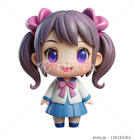 Cute 3D cute chibi anime girl figure wearing  frilly dress White Background 136183262