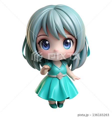 Cute 3D cute chibi anime girl figure wearing  frilly dress White Background 136183263