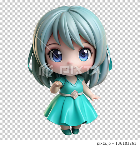 Cute 3D cute chibi anime girl figure wearing  frilly dress White Background 136183263