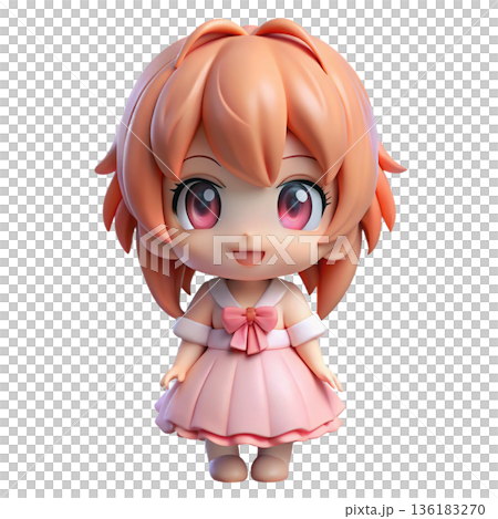Cute 3D cute chibi anime girl figure wearing  frilly dress White Background 136183270