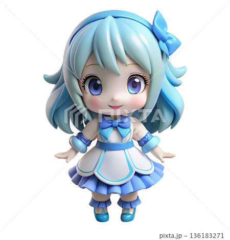 Cute 3D cute chibi anime girl figure wearing  frilly dress White Background 136183271