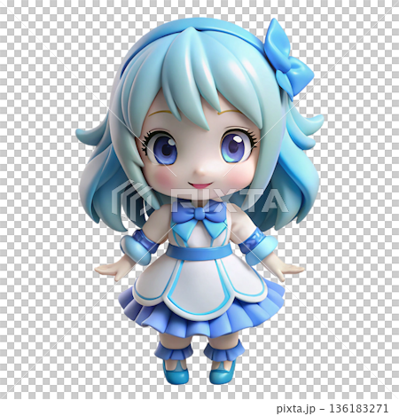 Cute 3D cute chibi anime girl figure wearing  frilly dress White Background 136183271
