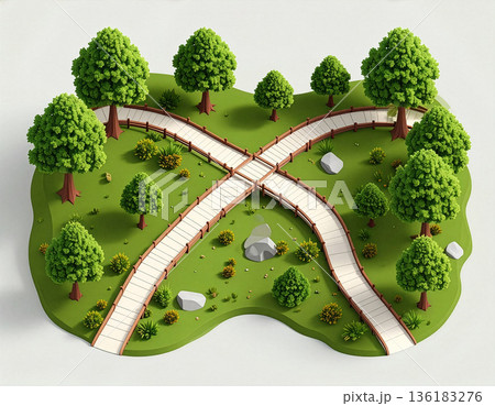 森の中の二つの分岐する道、俯瞰またはアイソメトリックビュー、選択と決断のコンセプト 136183276