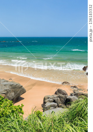 草と岩に囲まれた透明な海のビーチ風景 136183332