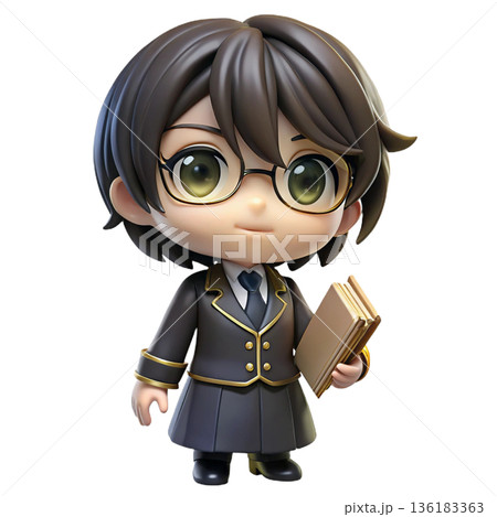 Cute nendoroid style girl big head small body long wavy hair White Background 136183363