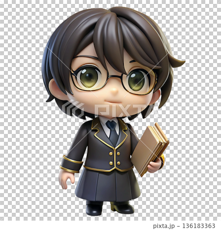 Cute nendoroid style girl big head small body long wavy hair White Background 136183363