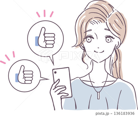 インフルエンサーの女性　SNS いいね　通知が止まらない　ベクターイラスト素材　 136183936