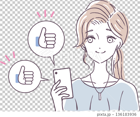 インフルエンサーの女性　SNS いいね　通知が止まらない　ベクターイラスト素材　 136183936