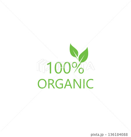 100 percent natural product label with green leaves  set 100%25 natural and organic product vector icon circle sign. healthy food emblem. organic food badge 136184088