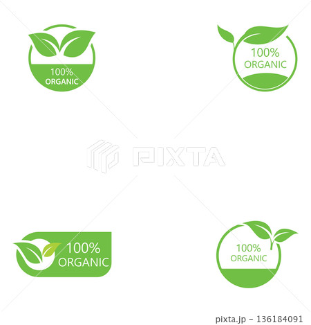 100 percent natural product label with green leaves  set 100%25 natural and organic product vector icon circle sign. healthy food emblem. organic food badge 136184091