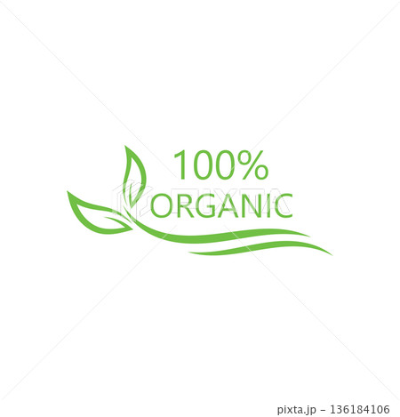 100 percent natural product label with green leaves  set 100%25 natural and organic product vector icon circle sign. healthy food emblem. organic food badge 136184106