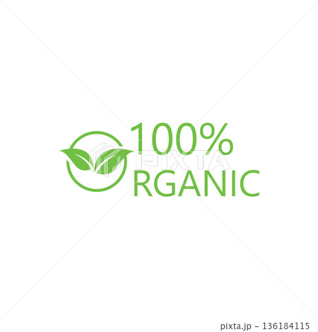 100 percent natural product label with green leaves  set 100%25 natural and organic product vector icon circle sign. healthy food emblem. organic food badge 136184115
