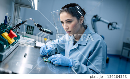 Female electronics technician working on circuit board in laboratory. Professional woman engineer wearing face shield and gloves assembling microchip. Precision manufacturing concept 136184338