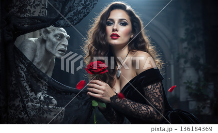Gothic woman holding a red rose with falling petals. Vampire style female portrait with gargoyle statue in background. Dark fantasy and halloween concept 136184369
