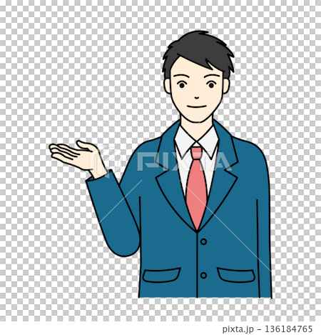 A male high school student in uniform posing with one hand outstretched for guidance or introduction A male high school student in uniform posing with one hand outstretched for guidance or introduction 136184765