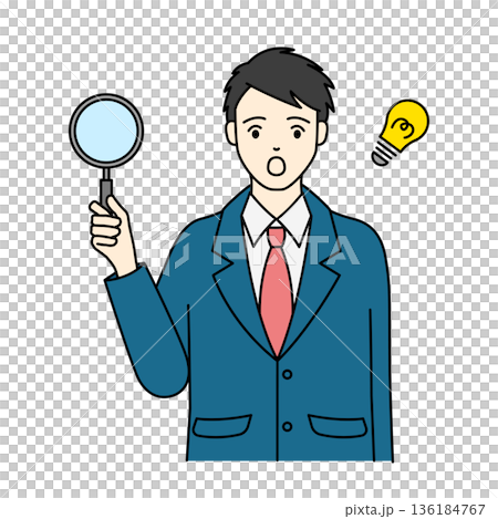 一名身穿制服的高中男生用放大鏡發現了什麼東西，臉上露出驚訝的表情。 136184767