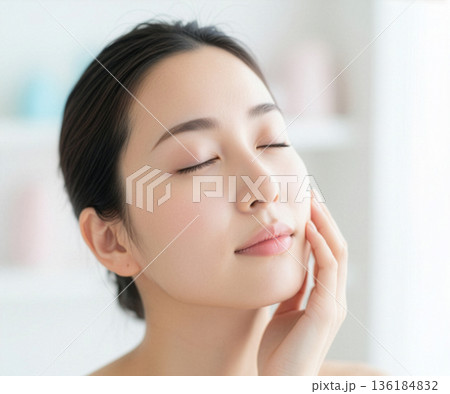 柔らかな光の中で頬に触れる美しい日本人女性、ナチュラルスキンケアと美容コンセプト 136184832
