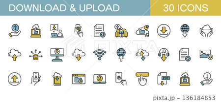 ダウンロードとアップロードに関するラインアイコンセット　カラー 136184853