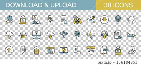 ダウンロードとアップロードに関するラインアイコンセット　カラー 136184853
