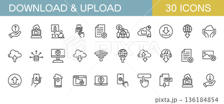 ダウンロードとアップロードに関するラインアイコンセット 136184854