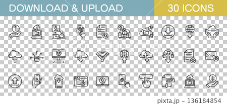 ダウンロードとアップロードに関するラインアイコンセット 136184854