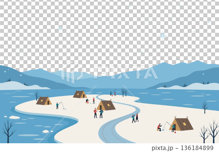 冬の岬で釣りをする人たちの背景透過イラスト 136184899