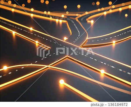 光る光のある抽象的な分岐する道、意思決定と不確実性のコンセプト 136184972