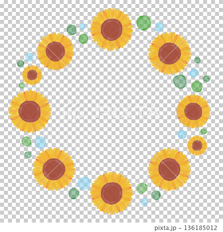 夏の手描き植物イラスト。水彩のひまわりと水色・緑・黄緑の水玉模様がある曲線的なフレーム 136185012