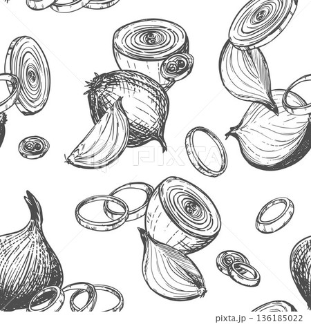 A pattern of peeled and sliced onions lying on a table. Vector sketch. Seamless background with spices on a white background. Linear ink drawing. A pattern of peeled and sliced onions lying on a table. Vector sketch. Seamless background with spices on a white background. Linear ink drawing. 136185022
