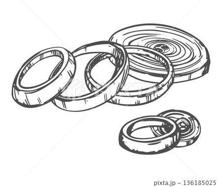Sliced onions lie on a table. Vector illustration of shallot rings. Line sketch of the spice. Imitation of engraving technique. Sliced onions lie on a table. Vector illustration of shallot rings. Line sketch of the spice. Imitation of engraving technique. 136185025