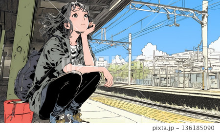 駅のホームで、なかなか来ない電車を待ちくたびれている若い女性