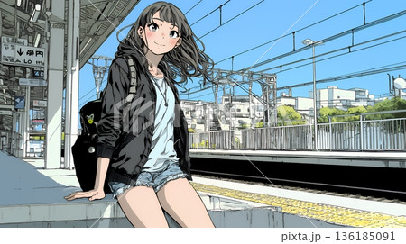 駅のホームで、なかなか来ない電車を待ちくたびれている若い女性