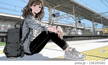 駅のホームで、なかなか来ない電車を待ちくたびれている若い女性
