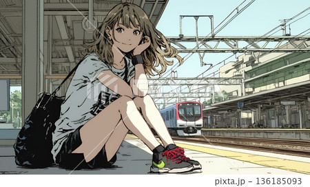 駅のホームで、なかなか来ない電車を待ちくたびれている若い女性