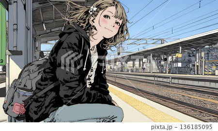 駅のホームで、なかなか来ない電車を待ちくたびれている若い女性