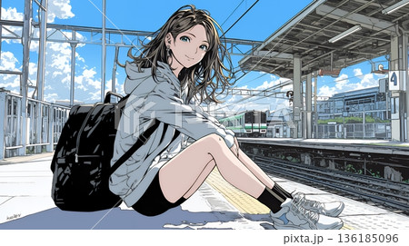 駅のホームで、なかなか来ない電車を待ちくたびれている若い女性