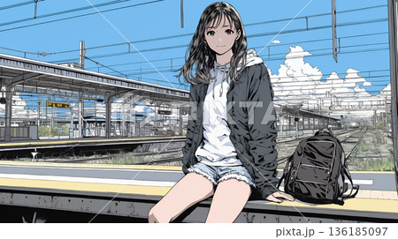 駅のホームで、なかなか来ない電車を待ちくたびれている若い女性