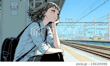 駅のホームで、なかなか来ない電車を待ちくたびれている若い女性