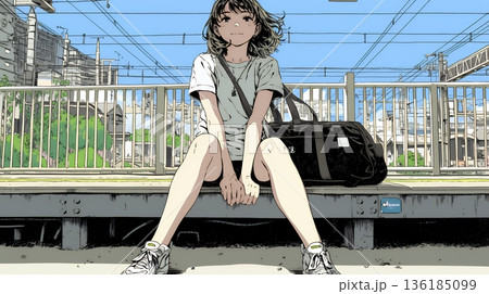 駅のホームで、なかなか来ない電車を待ちくたびれている若い女性
